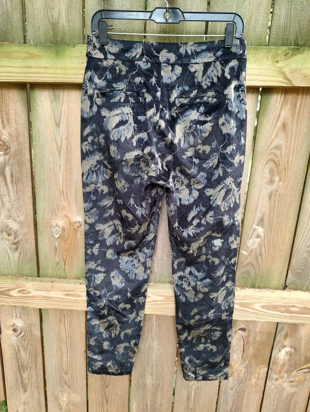 🏵️ Peruvian Connection Black Gold Dark Moody Floral Slim Pants Button Ankle Sz